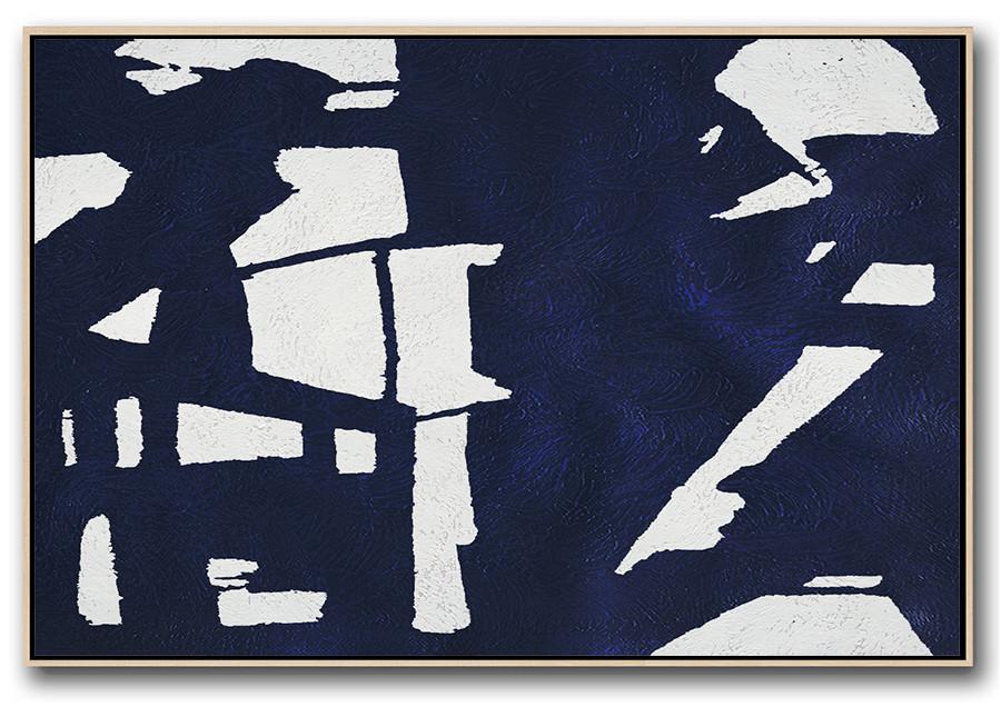 Horizontal Abstract Painting Navy Blue Minimalist Painting On Canvas - Abstract Painting Prints Extra Large